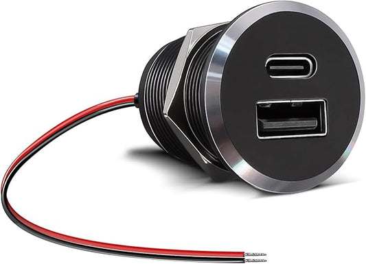 12V USB Outlet All-Aluminum QC 3.0 USB-A & USB-C PD3.0 Dual Fast Car Charger Socket, Recessed Mount Car USB Port for Car Truck Boat RV Camper Van Trailer (Small Version)