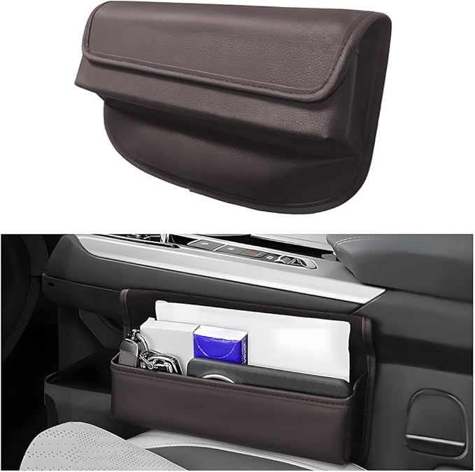 Car Seat Gap Filler Organizer, Leather Vehicle Side Seat Gap Storage Box with Lid for Phone Key Card, L-Capacity Auto Interior Organization, Universal for SUV Sedan Truck (Brown)