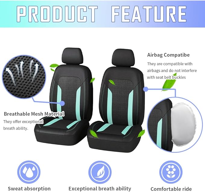 4PCS Cooling Car Seat Covers,Breathable Front Seat Covers with Mesh Construction and Foam Padding,Car Seat Protector to Reduce Back Sweating,Universal Car Interior for Car SUV (Mint)