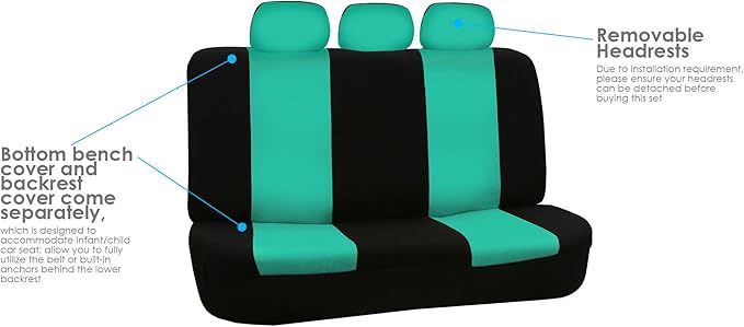 FH Group Car Seat Covers Flat Cloth Automotive Mint Full Set, Rear Solid Bench Universal Fit Combo Steering Wheel Cover & Seat Belt Pads Car Seat Protector for Cars Trucks SUV Interior Accessories