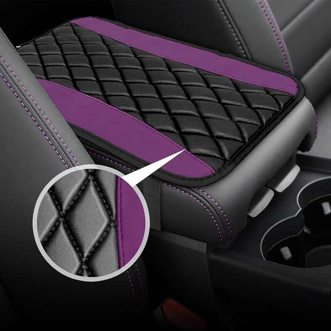 Car Center Console Cushion Pad, Arm Rest Covers, 12.6"×7.5" Leather Waterproof Auto Armrest Seat Box Protector, Auto Comfortable Center Console Cover Universal for Most Vehicles (Purple)