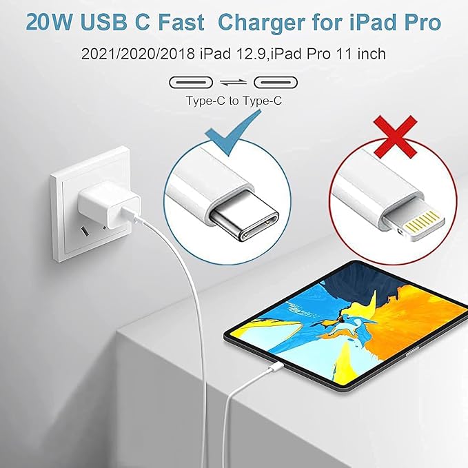 USB C iPad Fast Charger for iPad Pro 13/12.9/11 in 2025/2024/2022/2021/2020/2018,iPad Air 4th/5th Gen,Mini 6th/A17 Pro,iPad 10/A16,20W Wall Fast Charger Block with Extra Long 10FT USB C to C Cable