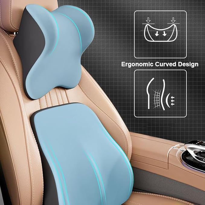 Car Headrest and Lumbar Support Cushion, Car Lumbar Support Pillow Car Neck Pillow Kit, Ergonomic Car Seat Headrest Pillow Lumbar Cushion with Adjustable Strap for Neck Back Pain Relief (Pink)