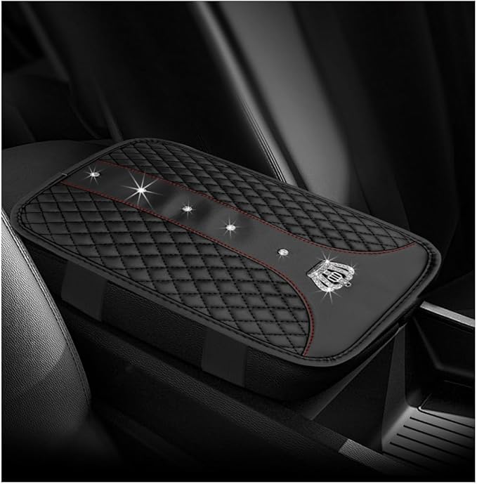 Bling Leather Car Center Console Cover, Anti-Slip Crown Armrest Seat Box Cushion Pad with Rhinestones, Waterproof Crystal Arm Rest Protector Interior Decor for Most Vehicles (Black)