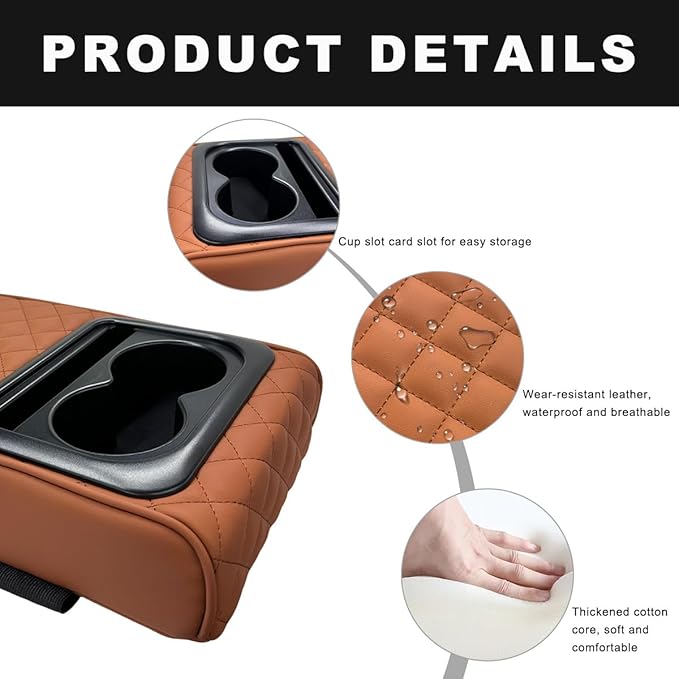 Car Center Console Armrest Pillow, 14"×8.3" Waterproof Leather Armrest Box Cover with Cup and Phone Holder, Soft Memory Foam Arm Rest Console Pad Protector for SUV Truck (Brown, Embroidery)