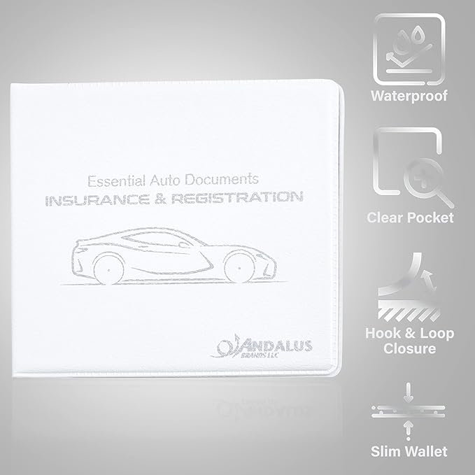 Andalus Auto Registration & Insurance Card Holder Pack of 2, Waterproof Essential Car Registration Holder with Hook & Loop Closure, Perfect for Every Vehicles Glove Boxes (White - 5 1/8" x 4 5/8")
