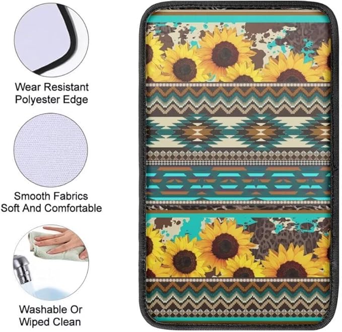 Coldinair Tribal Aztec Car Armrest Cover,Sunflower Auto Center Console Pad,Soft Seat Box Cover Protector Cushion,Car Accessories Decor for Most Cars,Sedan,Truck,SUV