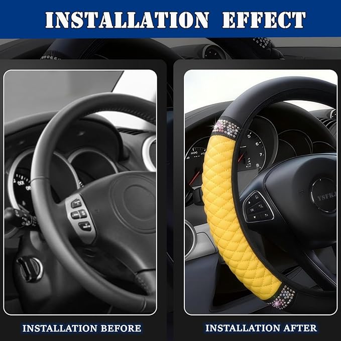 Soft Leather Car Steering Wheel Cover, Universal 15 Inch Colorful Rhinestones Anti-Slip Elastic Steering Wheel Covers for Most Cars, Sparkly Crystal Diamond for Women Girls (Yellow)