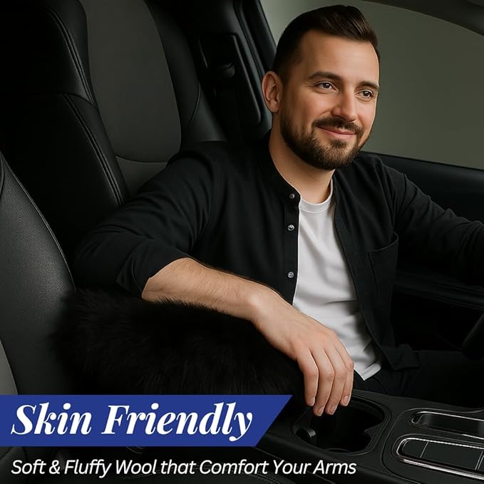 Andalus Brands Pure Australian Sheepskin Fluffy Car Center Console Cover, Luxurious Non-Shedding Furry Arm Rest Cover for Car, Versatile for All Seasons, Black - (11.47" X 6.3")