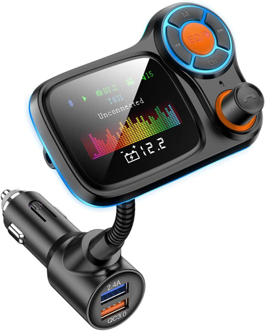 TSNAM Wireless Car Bluetooth Adapter,Radio FM Transmitters HandsFree Call Receiver and MP3 Music/APP Audio Play,QC3.0 and Smart 2.4A Dual USB Charger,1.8" Color Display,Aux Port,TF Card