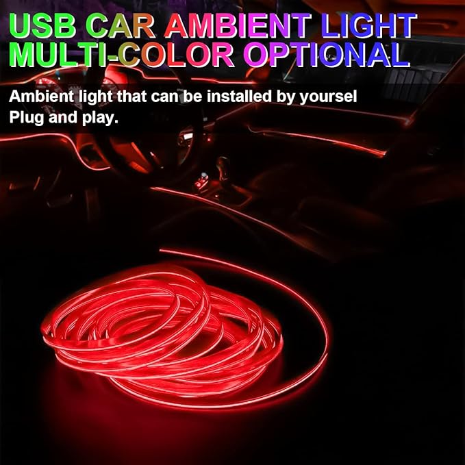 EL Wire Interior LED Strip Lights, 10FT/3M USB Auto Neon Light With Sewing Edge, Electroluminescent Ambient Lighting Kit, Fuse Protection, Car Decoration Accessories (Red/10FT)
