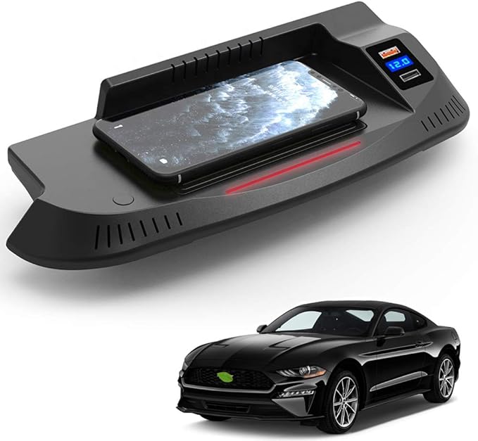 Wireless Car Charger for Ford Mustang 2015 2016 2017 2018 2019 2020 Center Console Accessory Panel, 15W Fast Charging Phone Charger Pad with QC3.0 USB Port for iPhone Galaxy Any Qi Phone
