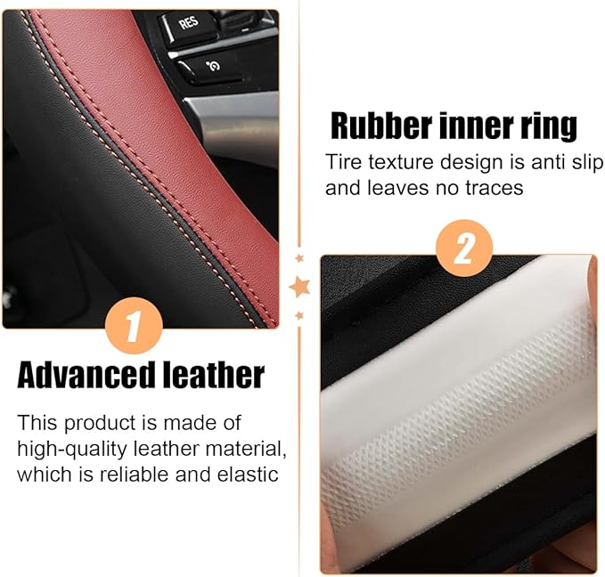 Car Steering Wheel Cover, 15 Inch Leather Anti-Slip Breathable Vehicle Steering Wheel Protecter with Comfortable Feel, Automotive Interior Accessories, Universal for SUV Sedan Truck (Wine Red)