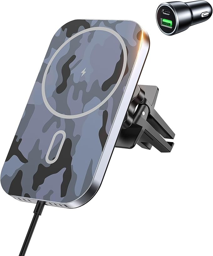 Mukiya for MagSafe Car Mount Charger with Adapter, 360° Rotation Magnetic Wireless iPhone Car Charger for Air Vent, Compatible with iPhone 17/16/15/14/13/12 Series (Multi-Gray)