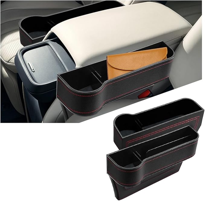 2PCS Car Seat Gap Filler Organizer, Leather Multi-Functional Vehicle Console Gap Pocket Organizer with Cup Holder, Automotive Seat Crevice Filler Storage Box, Universal for Vehicles (Black)