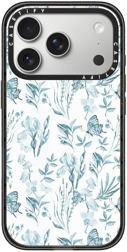 CASETiFY Impact iPhone 17 Pro Case [Slim/Compatible with Magsafe / 8.2 ft. 4X Military Grade Drop Protection] - Elegant Pastel Blue Vintage Butterfly Floral - Clear Black