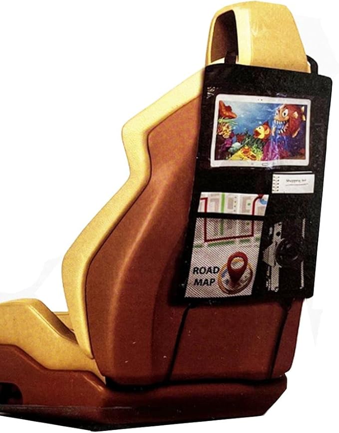 Car Backseat Organizer 11X19" Tablet Hold 3 Storage Pockets Travel Accessory Blk Seat Back Protector Kick Mats for Kids Toddlers, Travel Accessories Auto Seat Storage Hanging Bag, Phones, Drink, Stuff