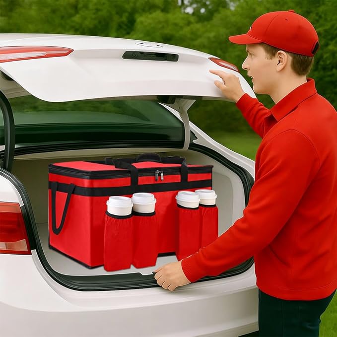 Bodaon Insulated Grocery Bags with 4 Cup Holders -Insulated Bags for Food Delivery with Zippered Top, Food Carrier for Catering, Pizza Bag and Cooler Bag for Takeout, Picnic, Shopping, Car Use