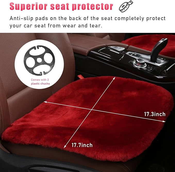 Sheepskin Car Seat Cushion, Comfortable Soft Fur Wool Auto Front Seat Cover, Vehicle Seat Protector Pad for Warm Winter Office Chair, Universal Decor Car Accessories (Wine Red)