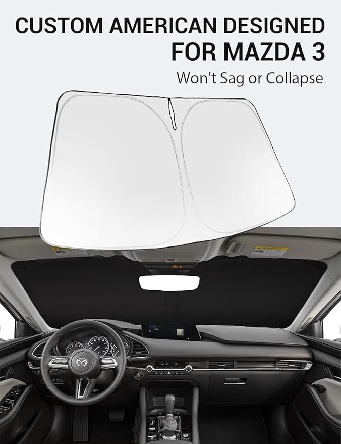 Proadsy 2026 Upgrade Windshield Sun Shade Custom Fit Mazda 3 2019-2025 2026 Mazda3 Hatchback/Sedan Front Sunshade Protector Foldable Sun Visor Blocks UV Rays Keep Car Cooler