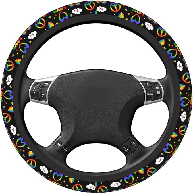 LGBTQ Pride Rainbow Heart Steering Wheel Cover for Women Elastic Rubber Steering Wheel Universal 15 Inch Fit for Cars, Auto, SUVs