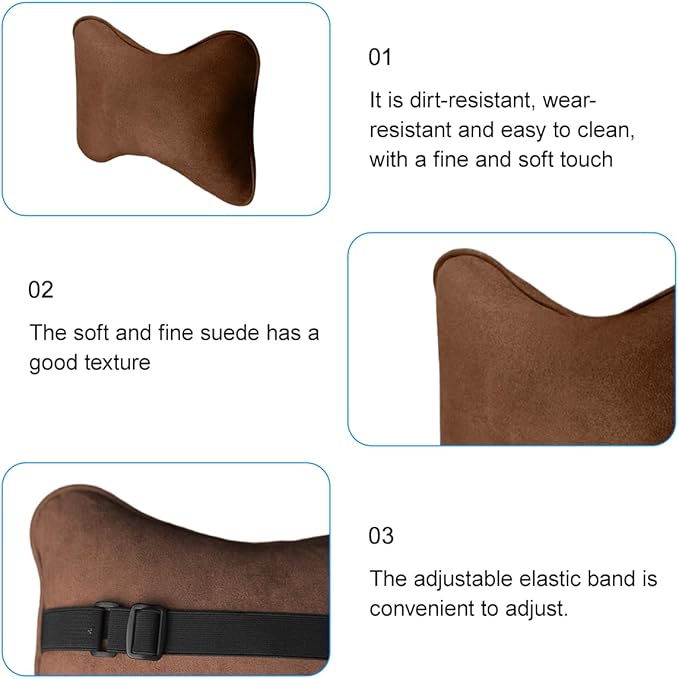 Car Headrest Pillow, Suede Soft Comfortable Breathable Vehicle Seat Neck Support Cushion with Adjustable Strap, Ergonomic Design Auto Head Rest Pad, Universal for Sedan RV Truck (Brown)