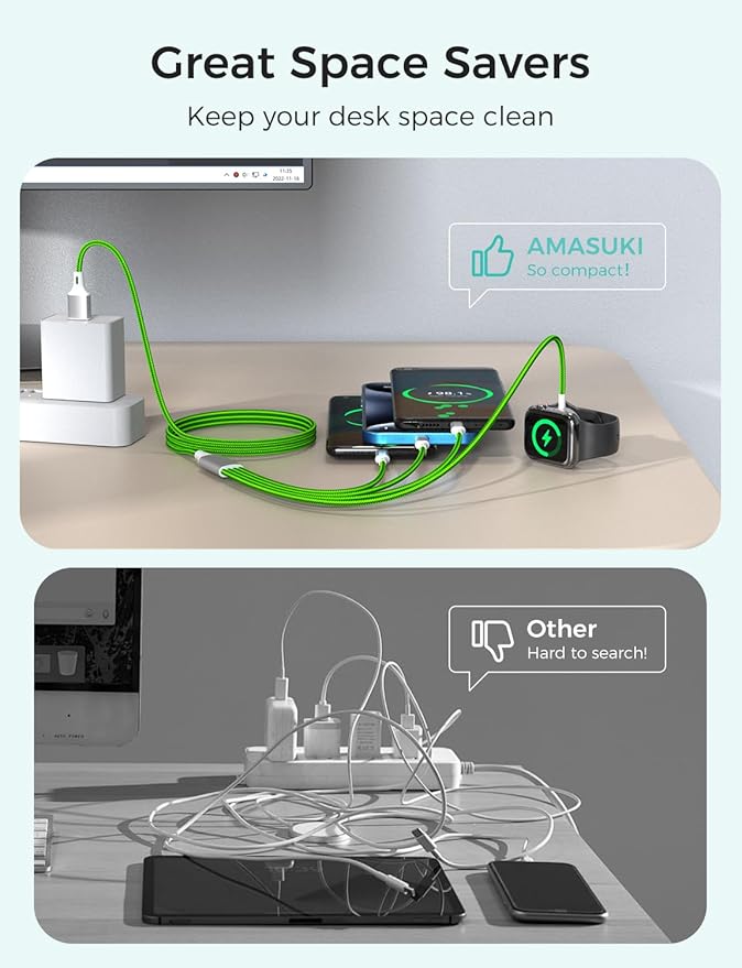 Amasuki Travel Essentials,4 in 1 for Apple Watch Charger/iPhone Charger/Multi Charging Cable,Vacation RV Camping Essentials,USB C/L/Micro Portable Charger for iWatch 11-1/iPhone 17-12,Car&Gift-Green