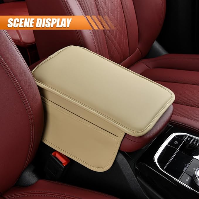 Car Center Console Cover, Leather Waterproof Auto Arm Rest Pad with Storage Bag, Scratch Resistant Middle Console Protector, Comfortable Vehicle Interior Accessories for Sedan SUV (Beige)