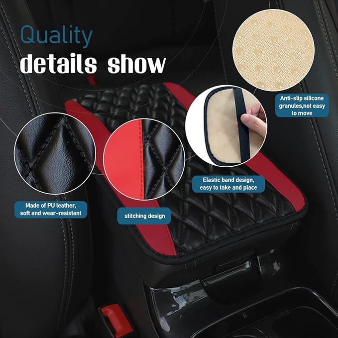 Ziciner Leather Car Center Console Armrest Pad, PU Waterproof Auto Seat Box Cover Protector, Hand Rest Cushion Protection Pad, Vehicles Interior Accessories Universal for Car,SUV (Red)