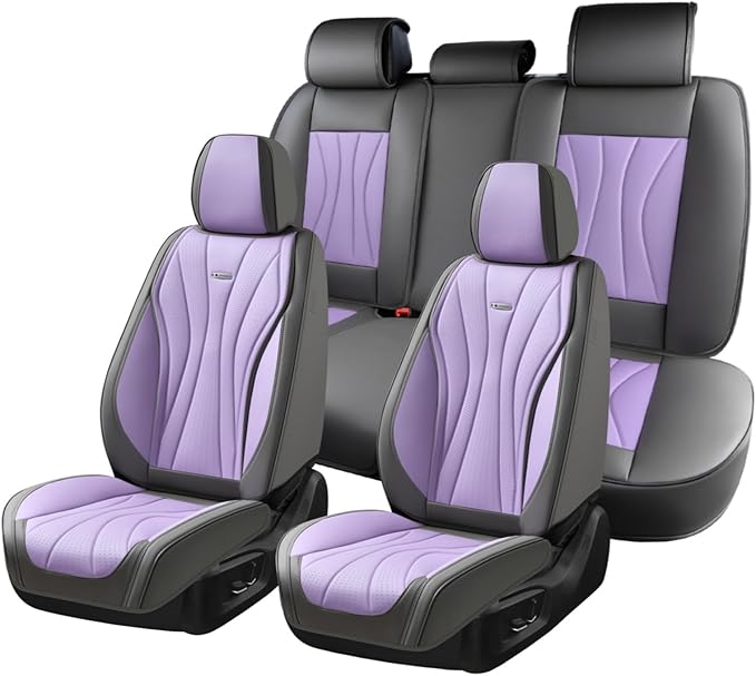 Coverado Seat Covers Full Set, Leather Car Seat Covers, Waterproof Seat Covers for Cars, Front and Back Car Seat Protectors, Car Seat Cushions Universal Fit for Most Cars (Gray&Purple)