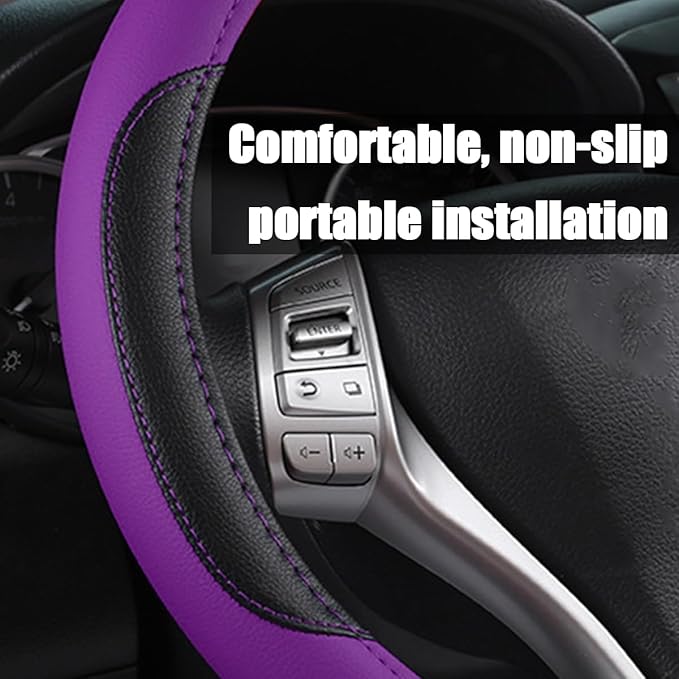 BELOMI Leather Car Steering Wheel Cover, Universal 15 Inch for Car Truck SUV, Non-Slip and Breathable, Sport Style Design Odorless Steering Wheel Protector, Automotive Interior Accessories (Purple)