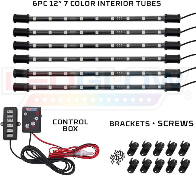 LEDGlow 6pc Multi-Color LED Interior Footwell Underdash Neon Light Kit for Cars & Trucks - 7 Solid Colors - 7 Patterns - Music Mode - Auto Illumination - Universal - Includes 12" Tubes & Control Box