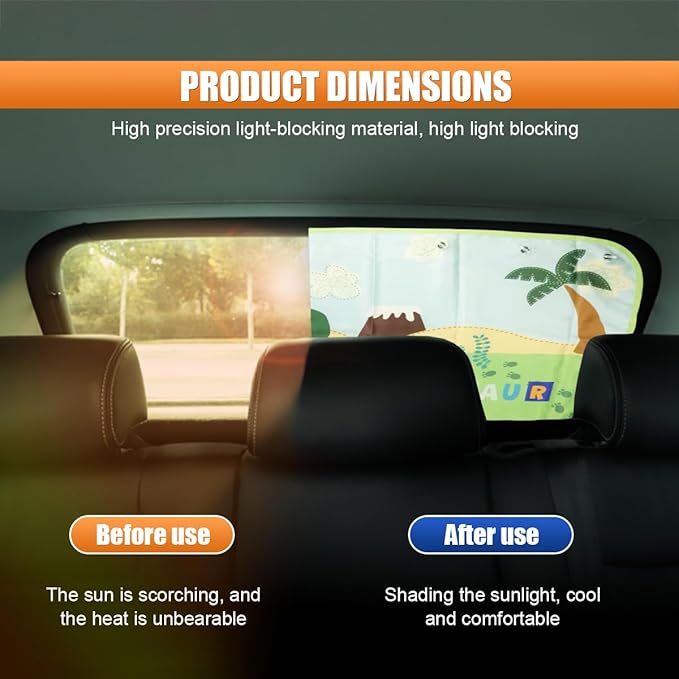 Car Rear Window Sunshade for Baby, Glare & UV Protection Rear Windows Sun Shade Covers with Suction Cups, Universal Sun Blocker Cooling Accessory for Vehicle Privacy Protection (Dinosaur)