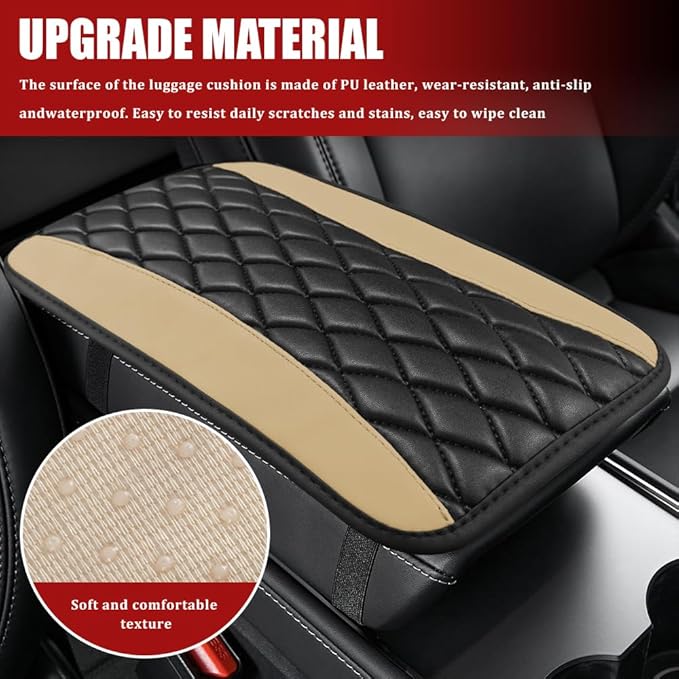 Car Center Console Cushion Pad, Armrest Cover for Car, Leather Waterproof Armrest Seat Box Cover, Auto Accessories Comfortable Arm Rest Box Cushion Pad for Most Vehicles (Beige)