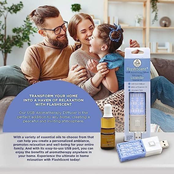 Belle Aroma® FlashScent™ USB Aromatherapy Bundle - for Car, Office, Home, and Travel - Includes 1 Serenity Blue Lavender Oil Diffuser Kit, 1 FlashScent Lavender Essential Oil, and 7 Refill Pads