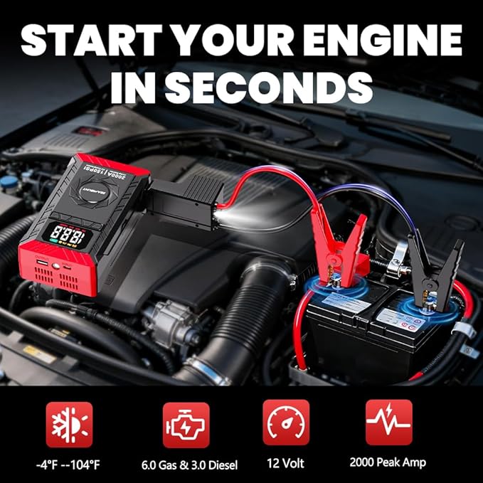 SEAMOUNT 2000A Jump Starter with Air Compressor Combo, Portable Car Battery Booster Pack for 6L Gas / 3L Diesel, 150PSI Tire Inflator, LED Emergency Light, Complete Roadside Kit