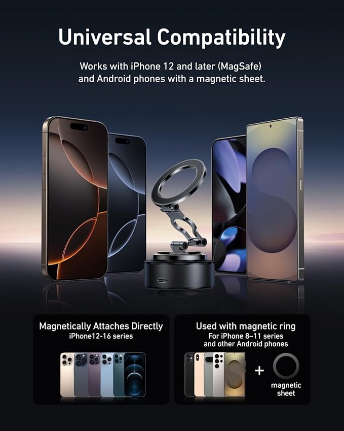 TELESIN Electric Magsafe Car Mount Vacuum Magnetic Car Phone Holder 105N 360° Reinforced Adjustable Swivel Lock, Suction Cup Phone Mount for Your Car/Gym/Mirror/iPhone & Android