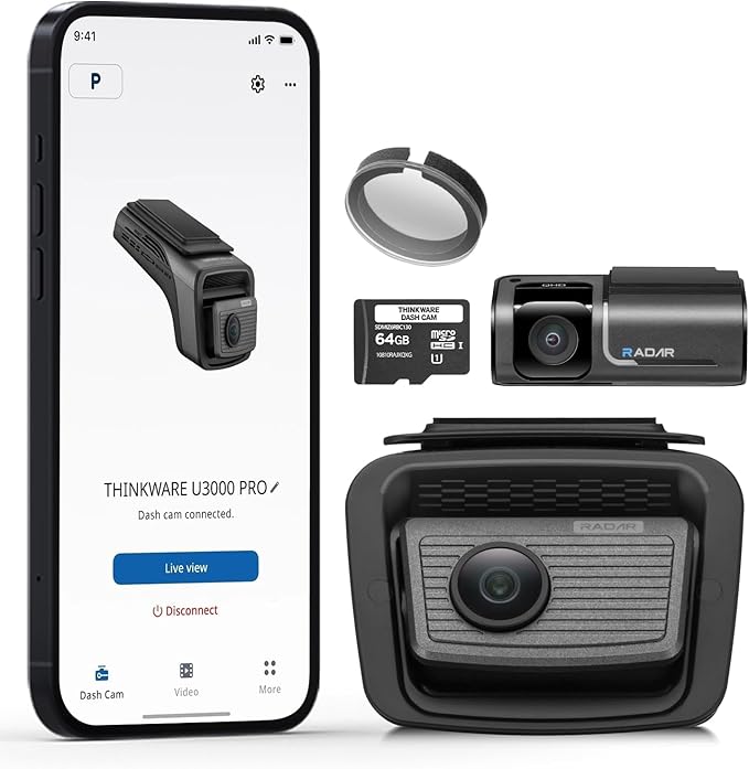 THINKWARE U3000 PRO 2CH 4K HDR Dual Dash Cam Front and Rear - 4K+2K STARVIS 2, Super Night Vision 4.0, Radar Parking Mode, Thermal Protection, 5GHz Wi-Fi and GPS - 64GB MicroSD & OBD Cable Incl