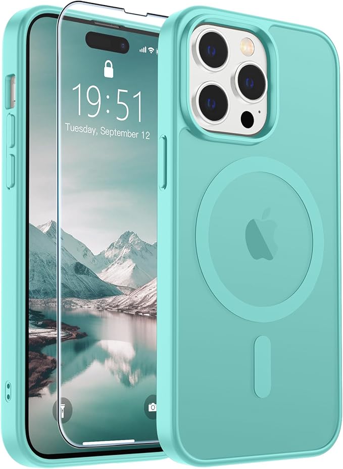 SUPFINE Magnetic for iPhone 14 Pro Max Case (Compatible with MagSafe) (Military Grade Drop Protection) Translucent Matte Shockproof Phone Cover,Blue Green