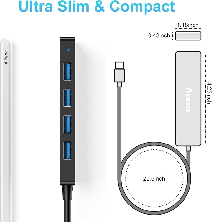 Aceele 4-Port USB 3.0 Hub, Ultra-Slim Data USB Hub with 2ft Extended Cable [Charging Not Supported], USB Extender for MacBook, Mac Pro, Mac mini, iMac, Surface Pro, XPS, PC, Flash Drive, Mobile HDD