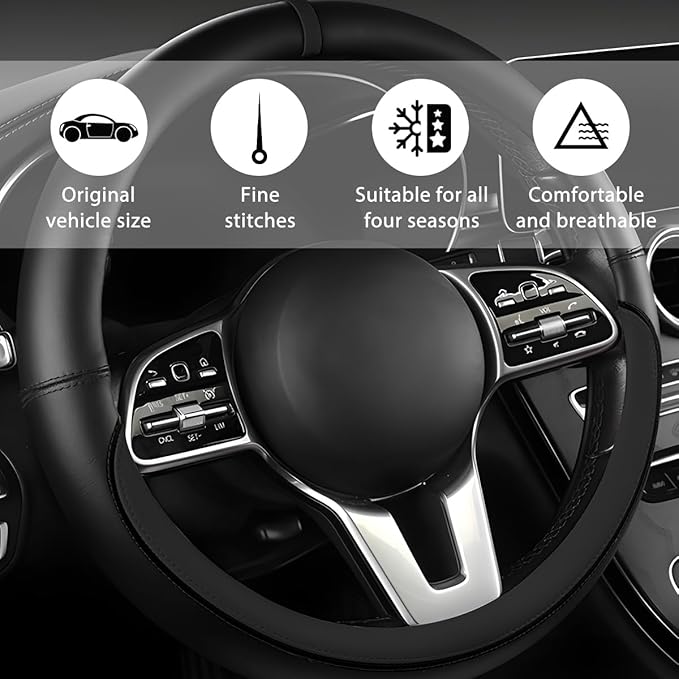 Car Steering Wheel Cover, 15 Inch Leather Anti-Slip Breathable Vehicle Steering Wheel Protector, Automotive Interior Protection Accessories, Universal for SUV Sedan Truck (Black)