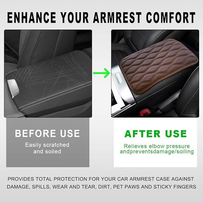 Car Center Console Cushion Pad, 12.48×7.40 Inches Waterproof Car Armrest Seat Box Cover, Comfortable PU Leather Vehicle Armrest Cover Protector, Car Decor Interior Accessories (Coffee)