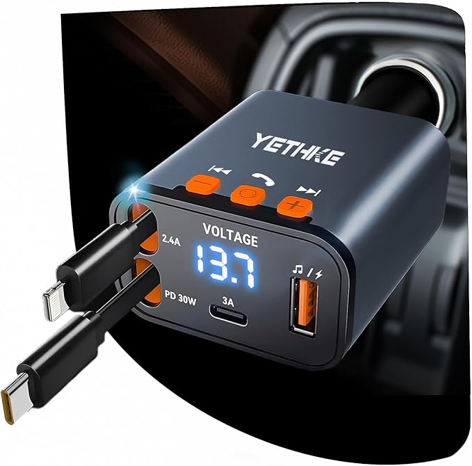 Bluetooth Car Adapter with Retractable Charger,[Upgrade] Bluetooth 5.4 FM Transmitter for Cars, 4 in 1 Fast Car Charger 69W, Handsfree Call, 2*Retractable Cable for iPhone 17/16/15/14, Galaxy-Gray