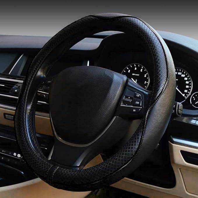 LABBYWAY Microfiber Leather Steering Wheel Cover, Universal 14.5-15 Inch Steering Wheel Anti Slip Car Interior Accessories for Men Women (Black)