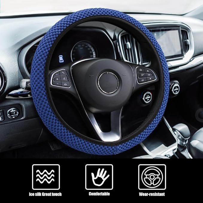 Elastic Stretch Steering Wheel Cover, Car Wheel Cover, Universal 15 Inch Car Steering Wheel Protector, Interior Accessories Microfiber Breathable Ice Silk Steering Wheel Covers for Car (Blue)