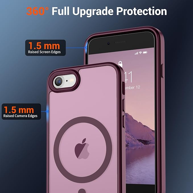 SUPFINE Magnetic for iPhone SE Case 2022 (3rd)/2020 (2nd), iPhone 8 Case with Screen Protector (Compatible with MagSafe) (Military Grade Drop Protection) Translucent Matte Phone Case, Wine Red