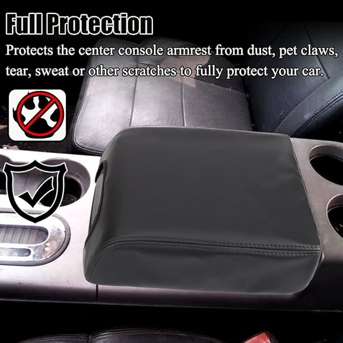 XITER 1PC Leather Center Console Armrest Box Cover Waterproof Cushion Pad for F150 2004-2008 Not Fit Jump Seat Console(Black Stitches)