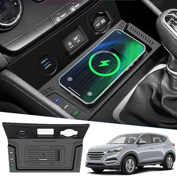 Wireless Car Charger for Hyundai Tucson 2015 2016 2017 2018, Wireless Fast Phone Charging Pad with 18W QC3.0 USB, Fit for Hyundai Tucson SE/Eco/Sport/Limited Interior Accessories Upgrades