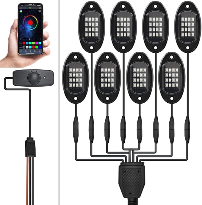 GSRECY RGB LED Rock Lights for Trucks, 8 Pods Rock Lights with App/Remote Control/Music Mode, Multilcolor Neon Underglow Wheel Well Light for ATV Pickup Off Road RZR UTV Golf Car Trailer Boat