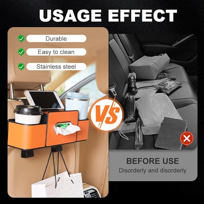 Cars Seat Back Bag, 2025 Upgrade Car Rear Backseat Extra Multifunctional Car Seat Back Storage Box, Multifunctional Car Seat Tissue Organizer with 2 Drink Cup Holder 2 Hooks (Brown)
